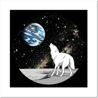 White Wolf Howling at Earth from Moon Posters and Art